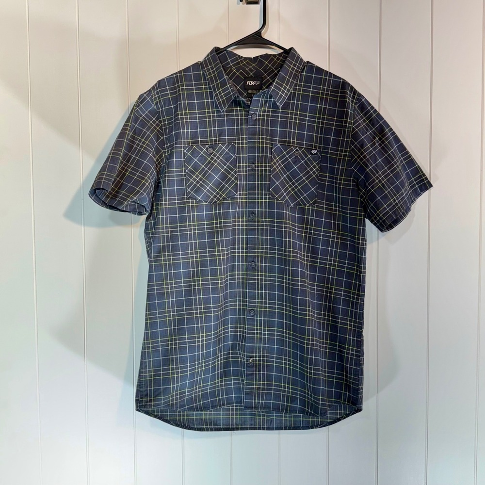 Fox Racing Mens Large Blue Lime Green Plaid Short Sleeve Button Down Shirt